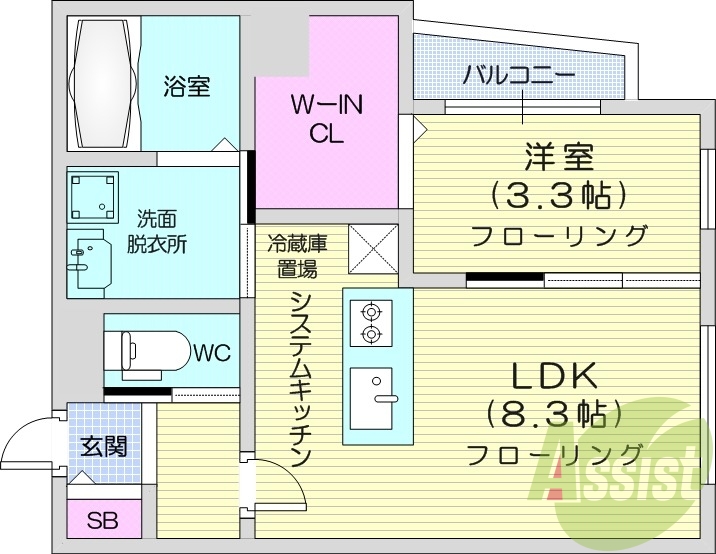 1LDK、都市ガス、エアコン、浴室乾燥機、システムキッチン