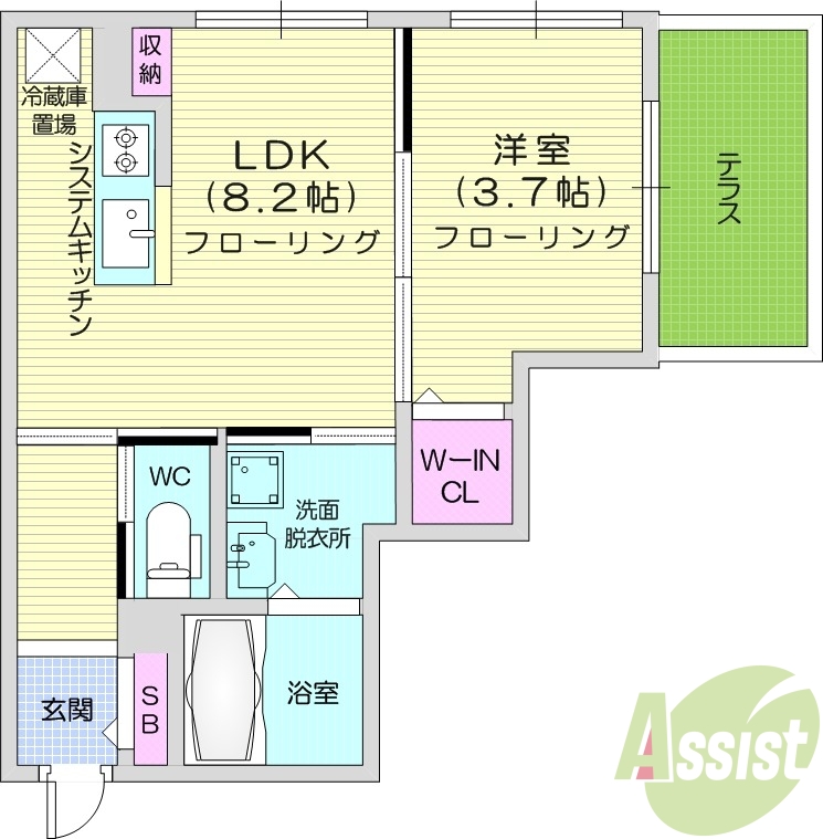 1LDK、都市ガス、エアコン、浴室乾燥機、システムキッチン