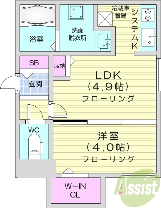 1DK、都市ガス、エアコン、浴室乾燥機、システムキッチン