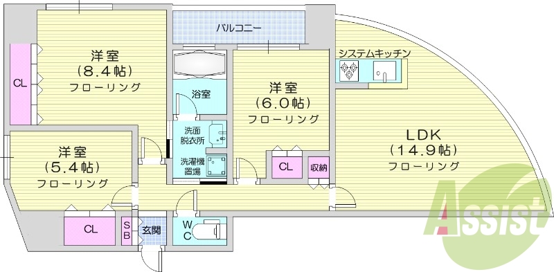 3LDK、都市ガス、ペット可、システムキッチン、宅配ボックス