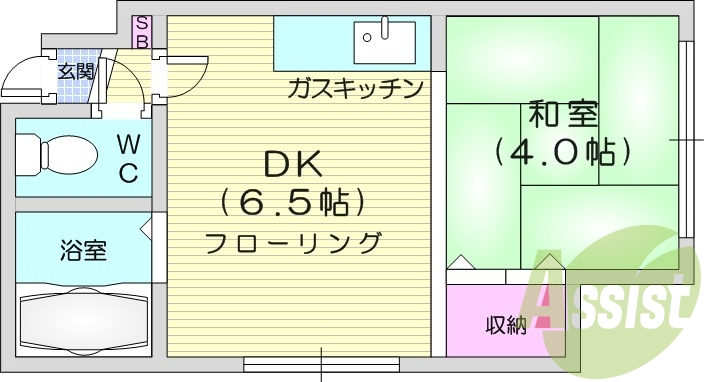 1DK、灯油暖房、バストイレ別、日当たり良好