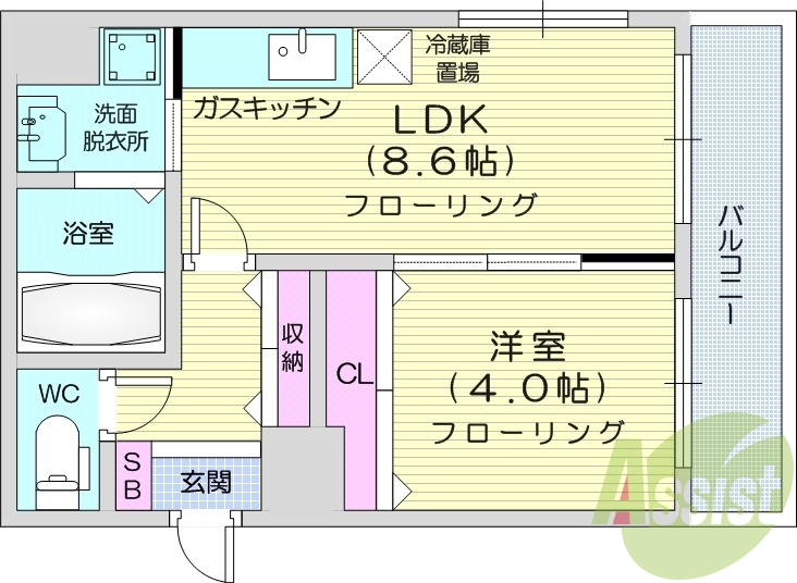 1LDK、オートロック、ウォシュレット、都市ガス