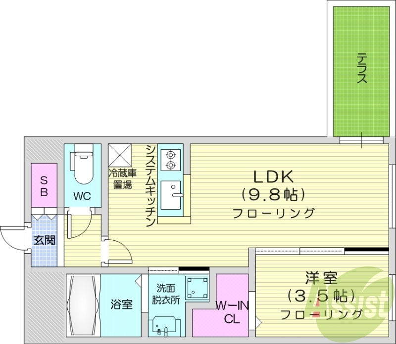 1ＬＤＫ、エアコン、都市ガス、システムキッチン