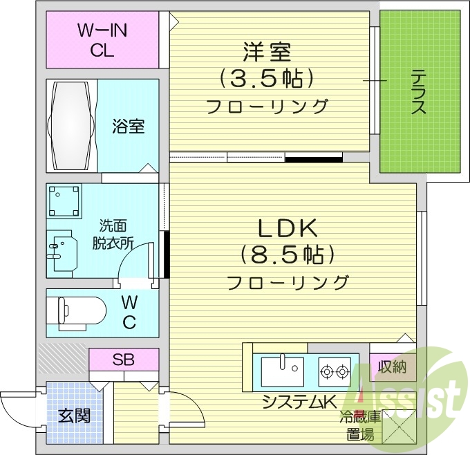 1ＬＤＫ、エアコン、都市ガス、システムキッチン