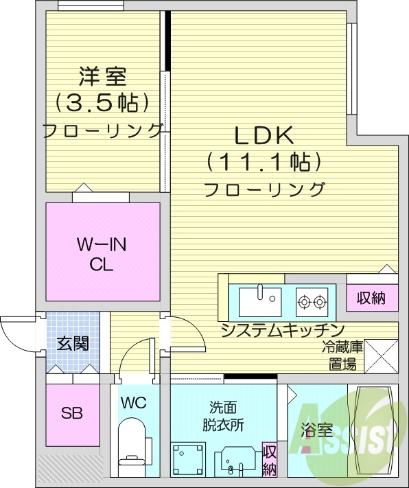 1ＬＤＫ、エアコン、都市ガス、システムキッチン