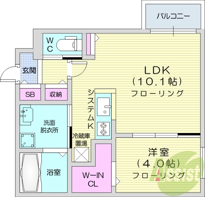 1LDK、エアコン、都市ガス、システムキッチン