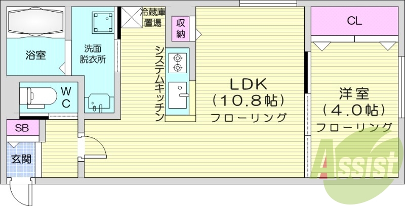 1LDK、エアコン、都市ガス、システムキッチン