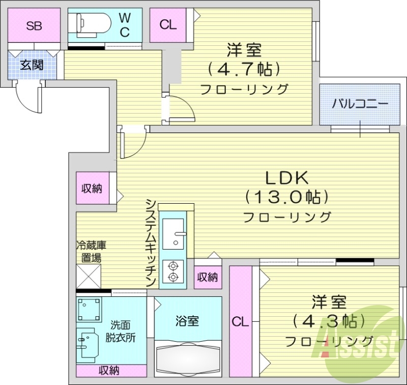 2LDK、エアコン、都市ガス、システムキッチン