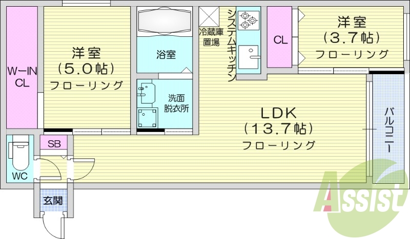 2LDK、都市ガス、エアコン、浴室乾燥機、独立洗面台