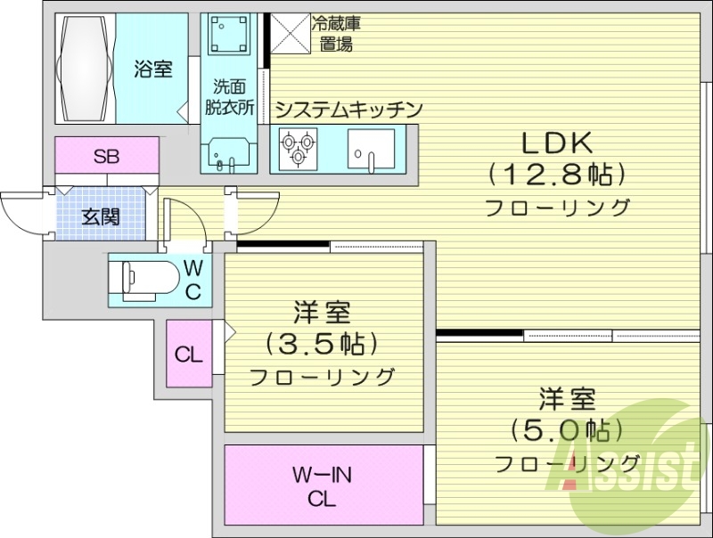 2LDK、都市ガス、エアコン、浴室乾燥機、独立洗面台