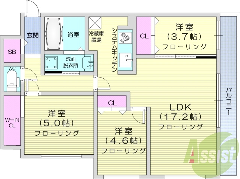 3LDK、都市ガス、エアコン、浴室乾燥機、独立洗面台