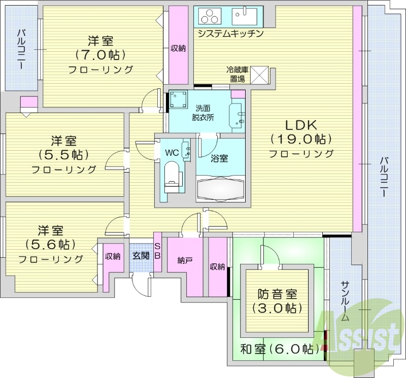 3LDK、防音室、灯油給湯、システムキッチン