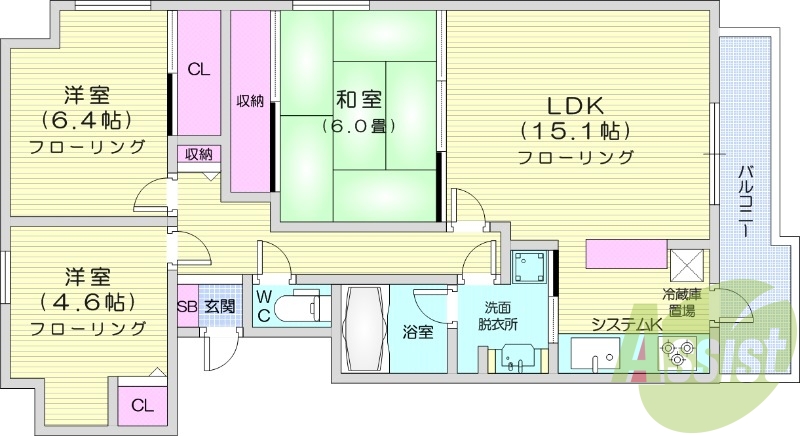 3LDK、都市ガス、エアコン、灯油暖房、システムキッチン