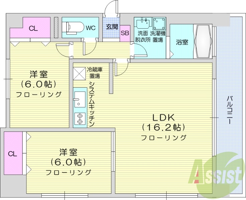 2LDK、都市ガス、エアコン、システムキッチン
