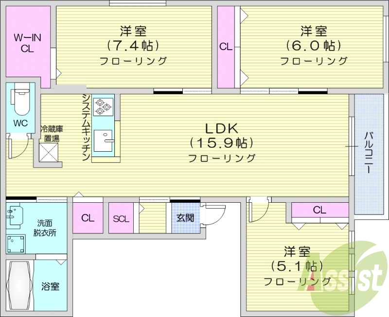 3LDＫ、エアコン、システムキッチン、ペット可