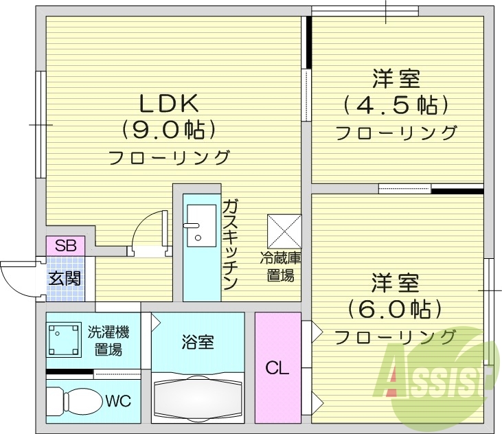 2LDK、トランクルーム、無料駐車場、都市ガス