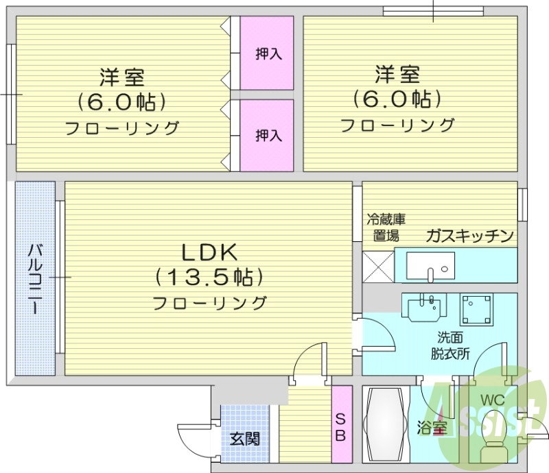 2LDK、独立洗面台、バルコニー、灯油暖房