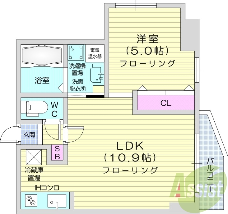 1LDK、インターネット無料、角部屋、システムキッチン