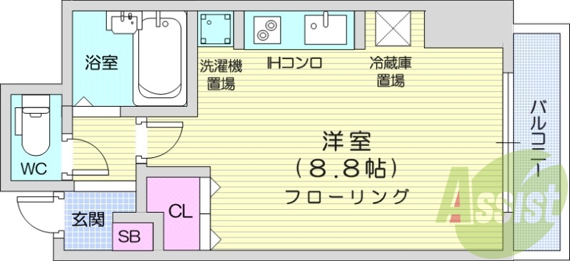 1R、エアコン、オートロック、バストイレ別
