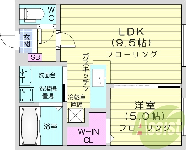1LDK、エアコン、都市ガス、浴室乾燥機