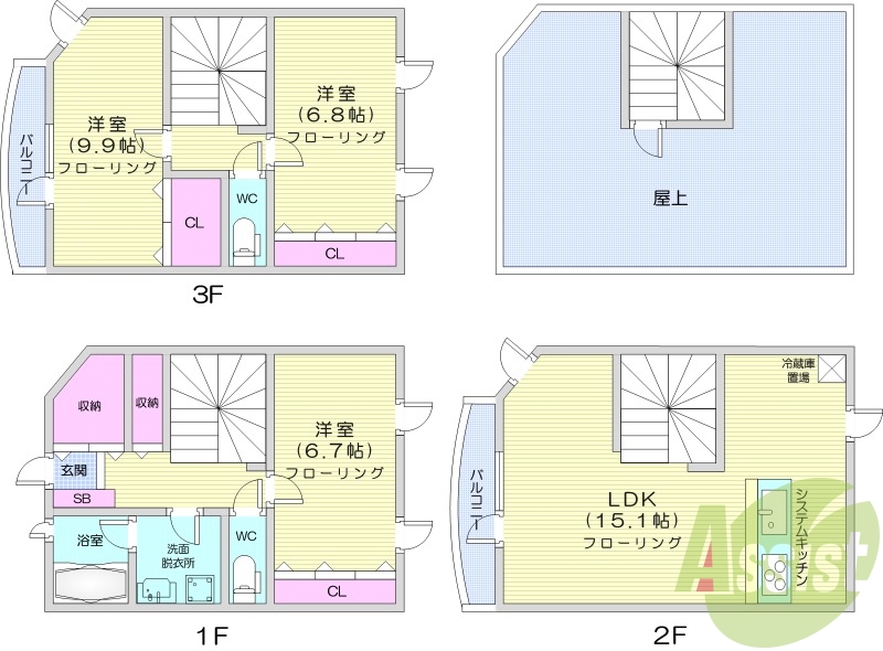3LDK、エアコン、システムキッチン、追い焚き、浴室乾燥機