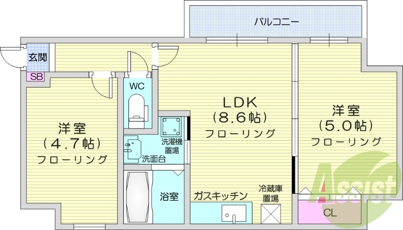 2DK、浴室乾燥機、エアコン、灯油暖房、独立洗面台