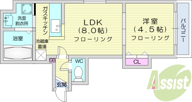 1LDK、バストイレ別、独立洗面所、クローゼット