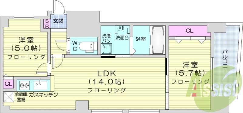 2LDK、オートロック、エアコン、独立洗面台