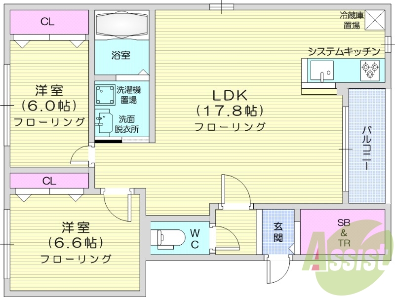 2LDK、灯油暖房、独立洗面台、システムキッチン
