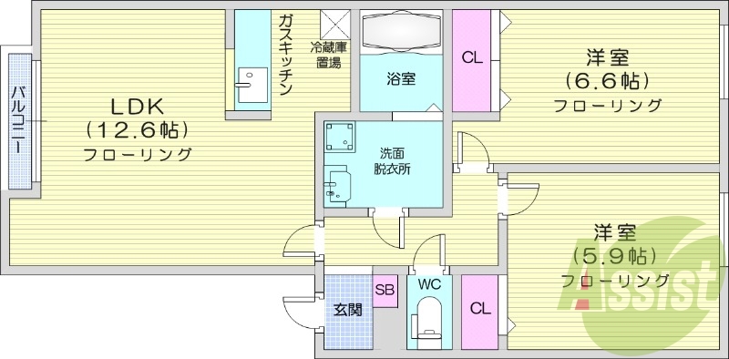 2LDK、エアコン、灯油暖房、独立洗面台、ガスキッチン