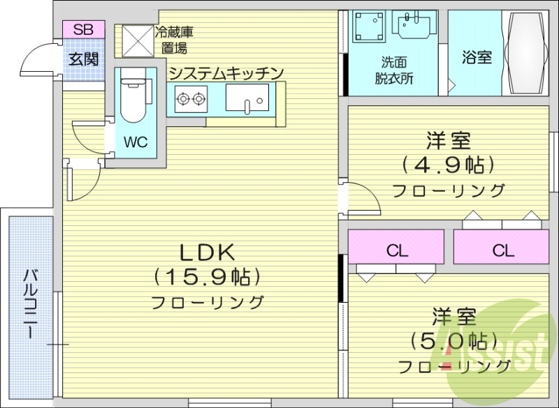 2LDK、エアコン、都市ガス、ペット飼育可