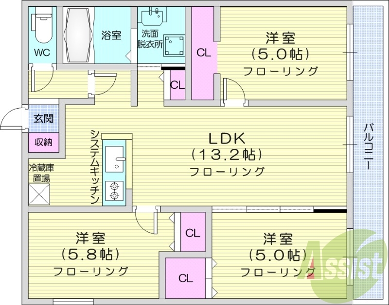 3LDK、エアコン、都市ガス、ペット飼育可