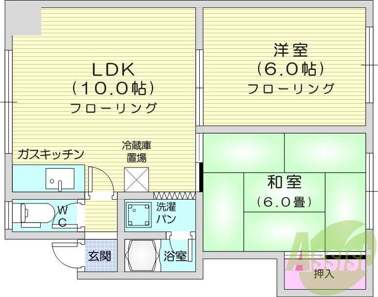 2LDK、灯油暖房、風呂トイレ別、トランクルーム