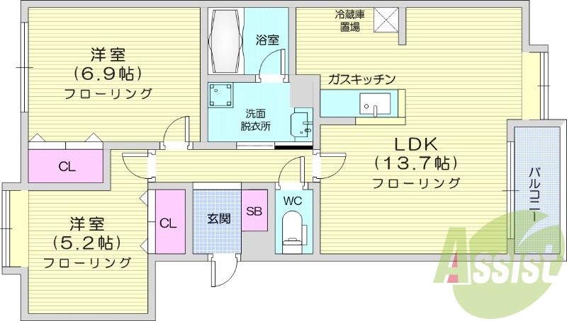 2LDK、灯油暖房、ネット無料、バルコニー、トランクルーム