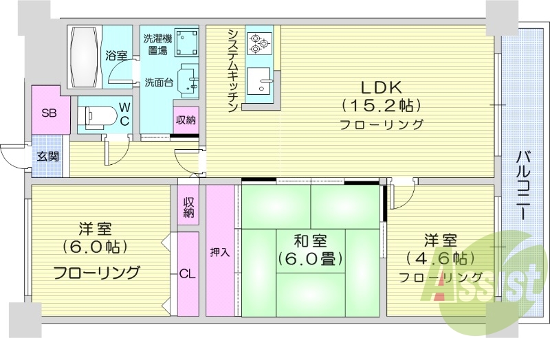 3LDK、都市ガス、洗髪洗面化粧台、エアコン、バルコニー