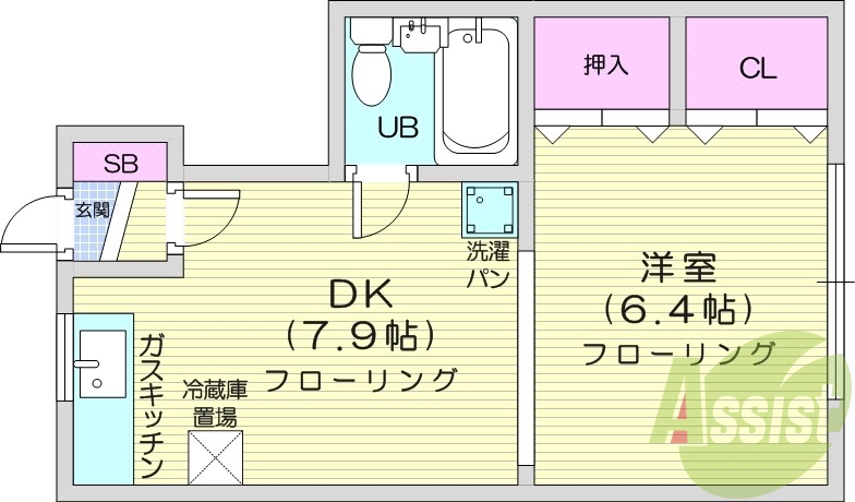 1DK、オートロック、ガスFF暖房、都市ガス