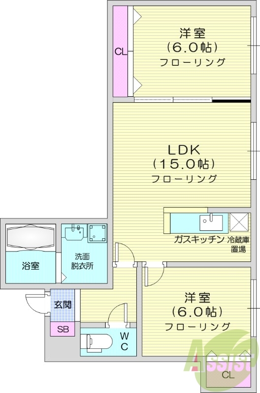 2LDK、エアコン、システムキッチン、独立洗面台、エアコン