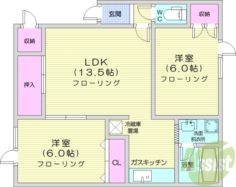 2LDK、独立洗面台、トランクルーム、シャワートイレ
