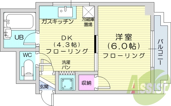 1DK、角部屋、最上階、都市ガス、ガス暖房
