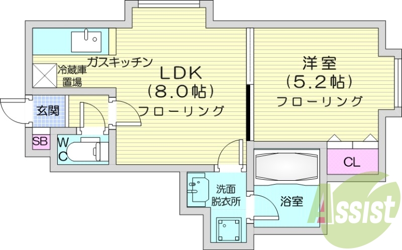 1LDK、ガスキッチン、インターホン、シューズボックス