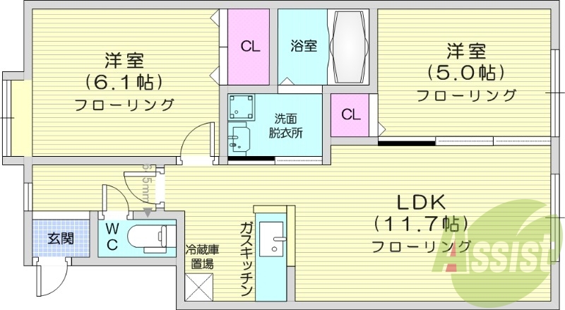 2LDK、都市ガス、収納、洗濯機置場、ガス暖房