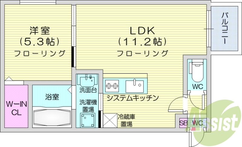 1LDK、エアコン、灯油暖房、独立洗面台、システムキッチン