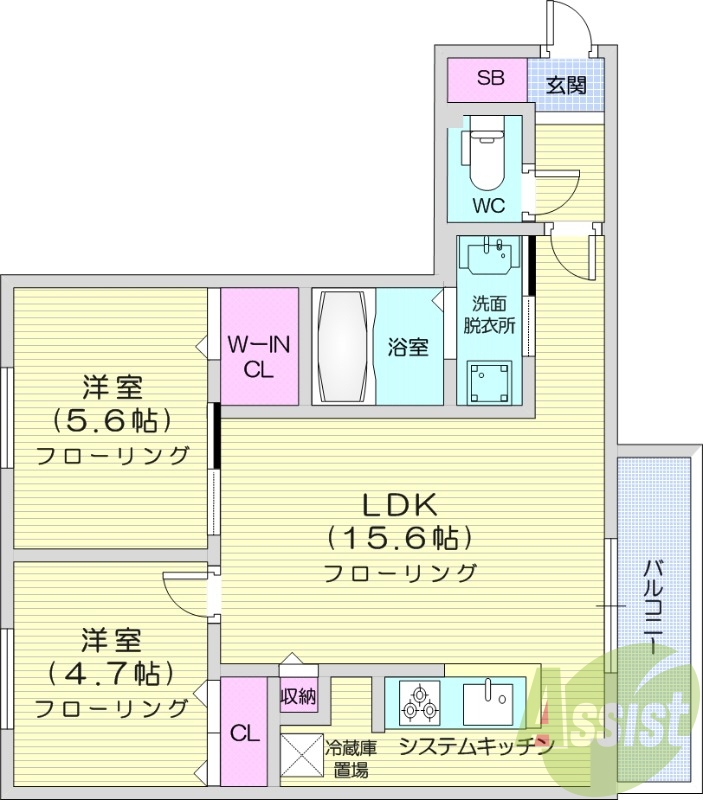2LDK、エアコン、灯油暖房、独立洗面台、システムキッチン