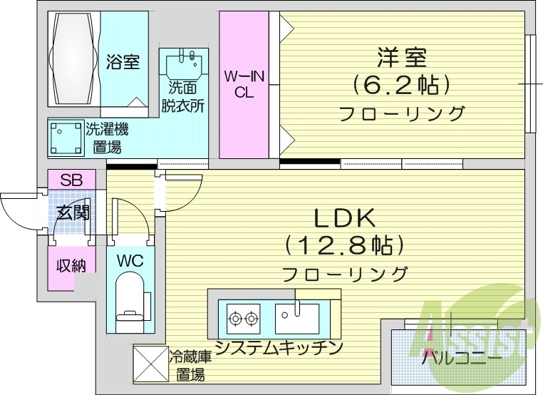 1LDK、都市ガス、エアコン、独立洗面台、システムキッチン