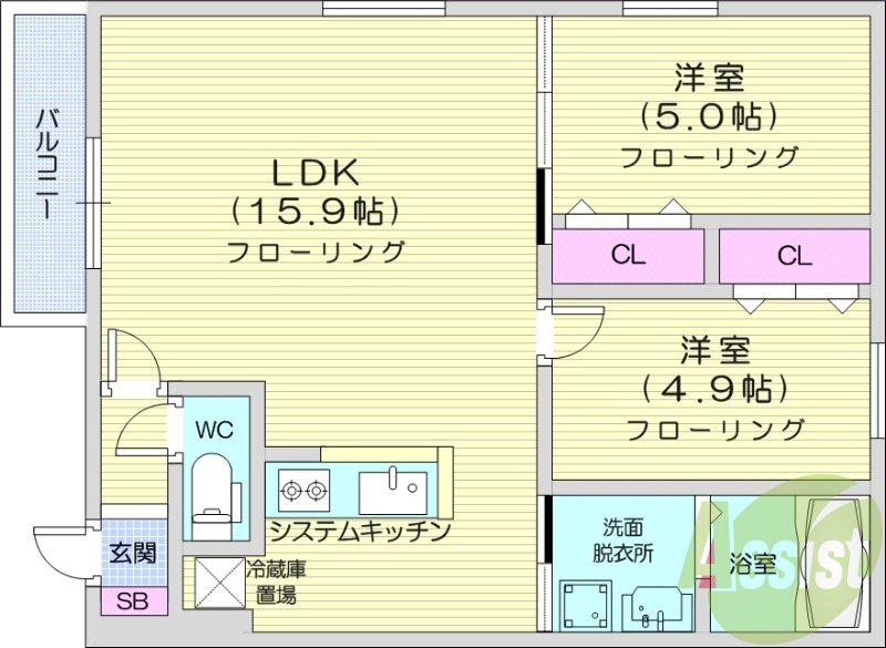2LDK、エアコン、都市ガス、ペット飼育可