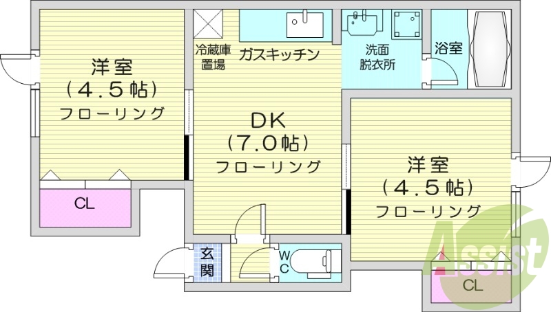 2DK、カメラ付きインターホン、バストイレ別