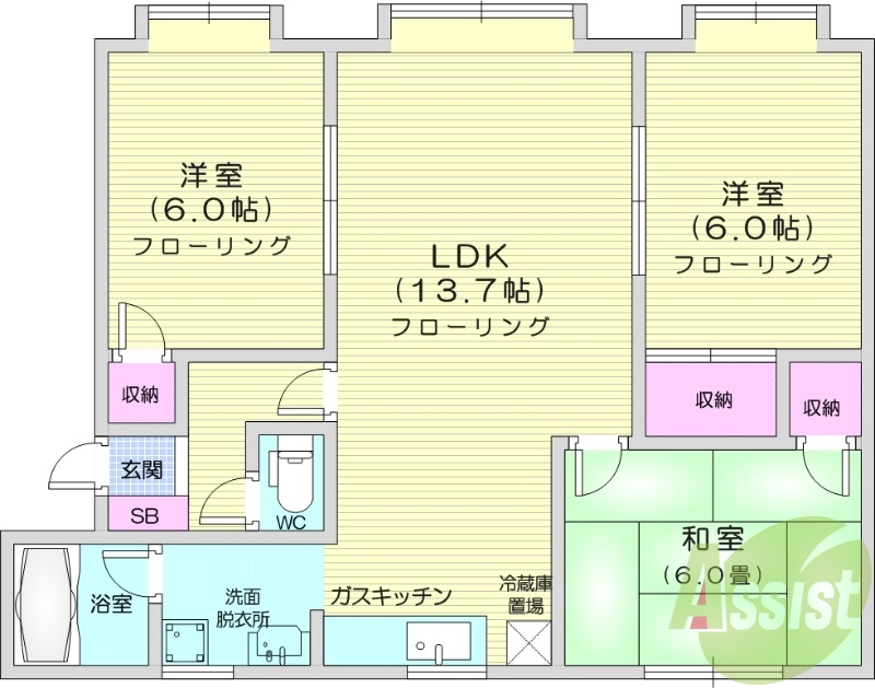 3LDK、バストイレ別、都市ガス、灯油暖房
