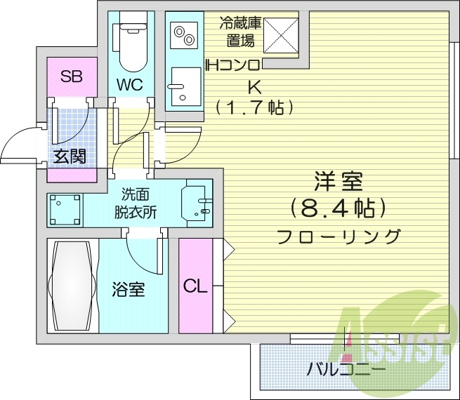 1K、バストイレ別、バルコニー、クローゼット、オール電化