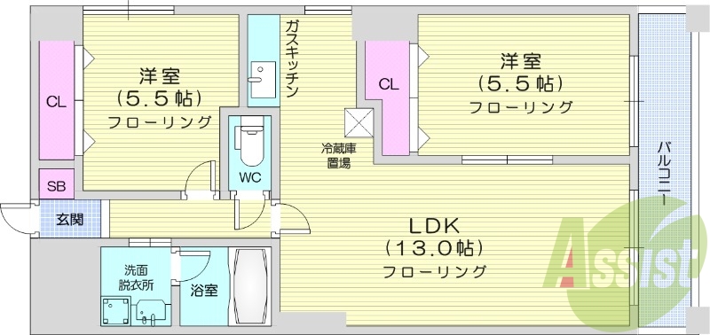 2LDK、独立洗面台、エレベーター、灯油暖房、バストイレ別