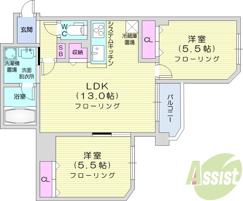 2LDK、独立洗面台、エレベーター、灯油暖房、バストイレ別